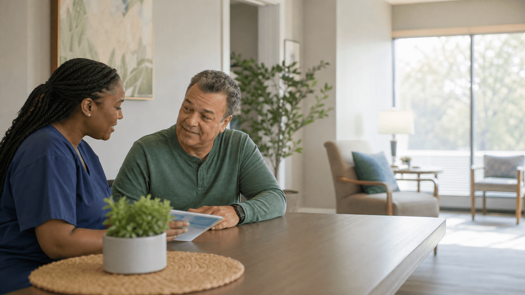 A caregiver and resident sharing a supportive conversation in a bright residential care setting